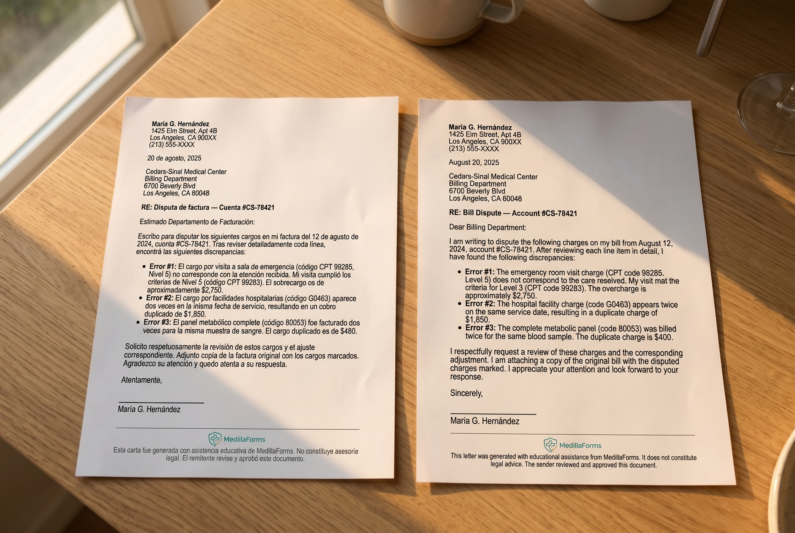 Las dos cartas de disputa MedillaForms